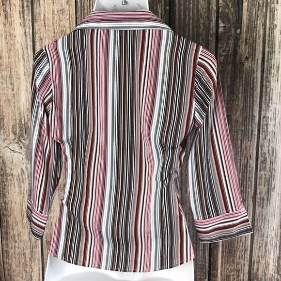 Bay Studio Collared Button Up Shirt ~ Sz S ~ Red, White, Brown ~ 3/4 Sleeve - Picture 3 of 3